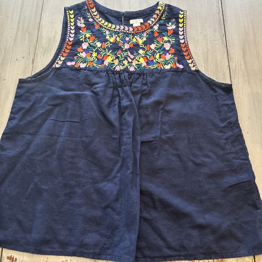 J Crew Navy Linen Blend Floral Embroidered Tank Top Sz 14 Classic Preppy